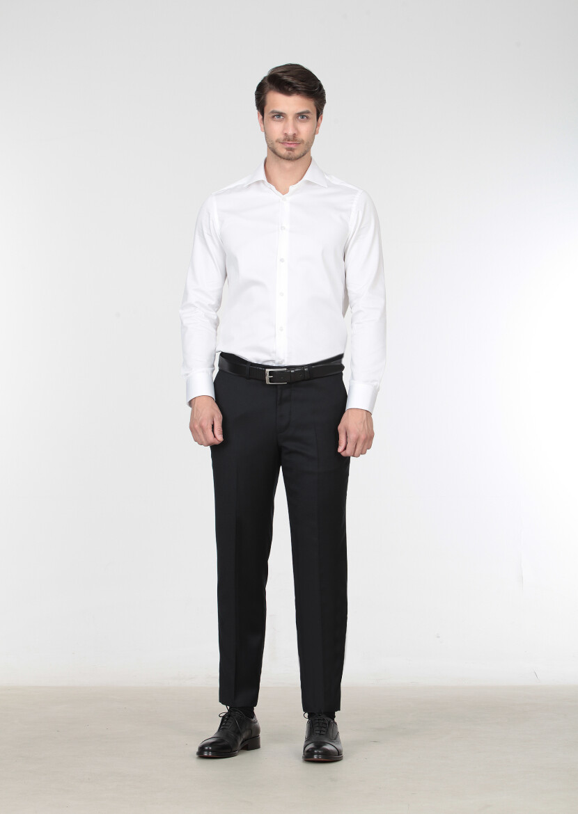 Siyah Düz Dokuma Regular Fit Klasik %100 Yün Pantolon - 2