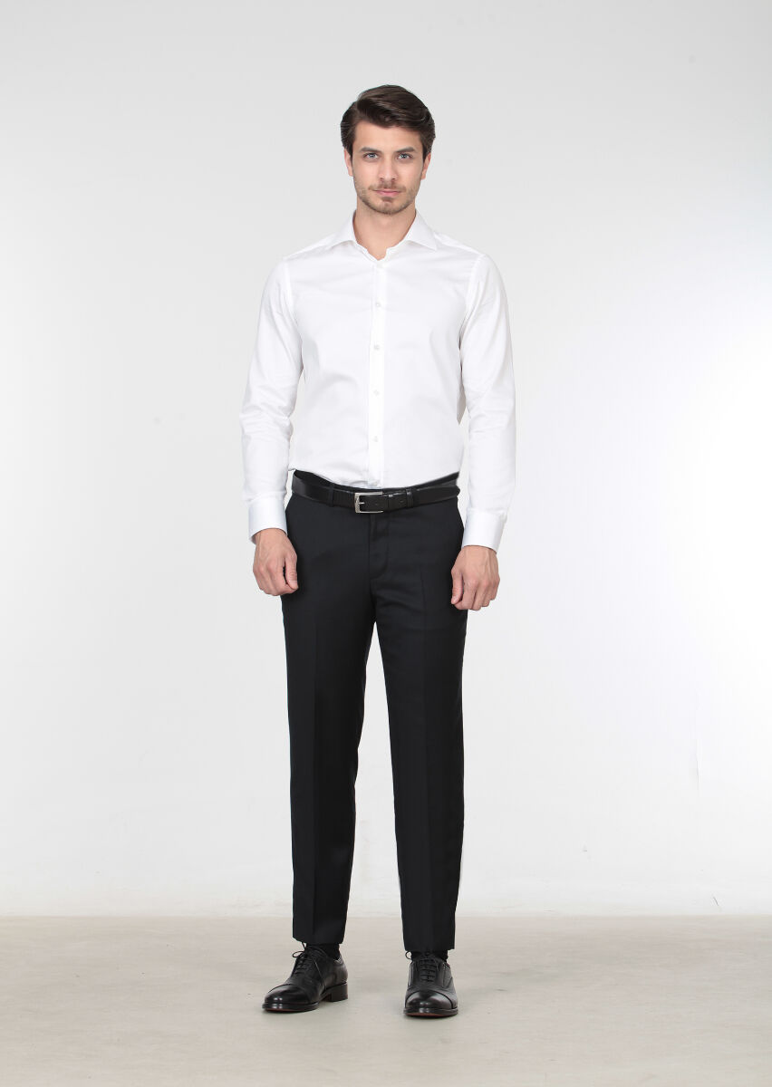 Siyah Düz Dokuma Regular Fit Klasik %100 Yün Pantolon - 2