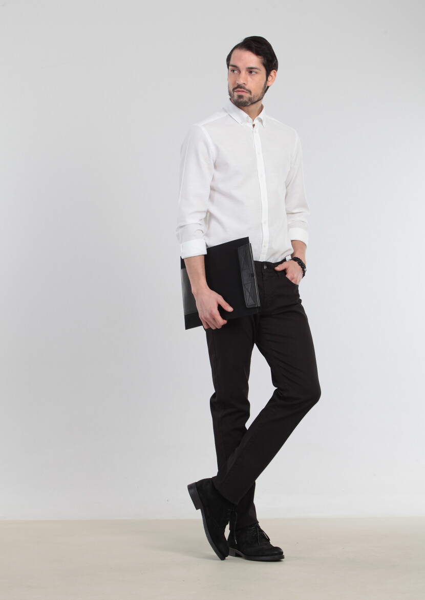 Siyah Düz Dokuma Slim Fit Casual Pamuk Karışımlı Pantolon - 2