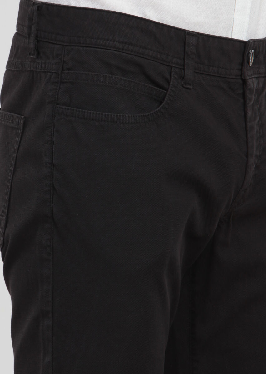 Siyah Düz Dokuma Slim Fit Casual Pamuk Karışımlı Pantolon - 4