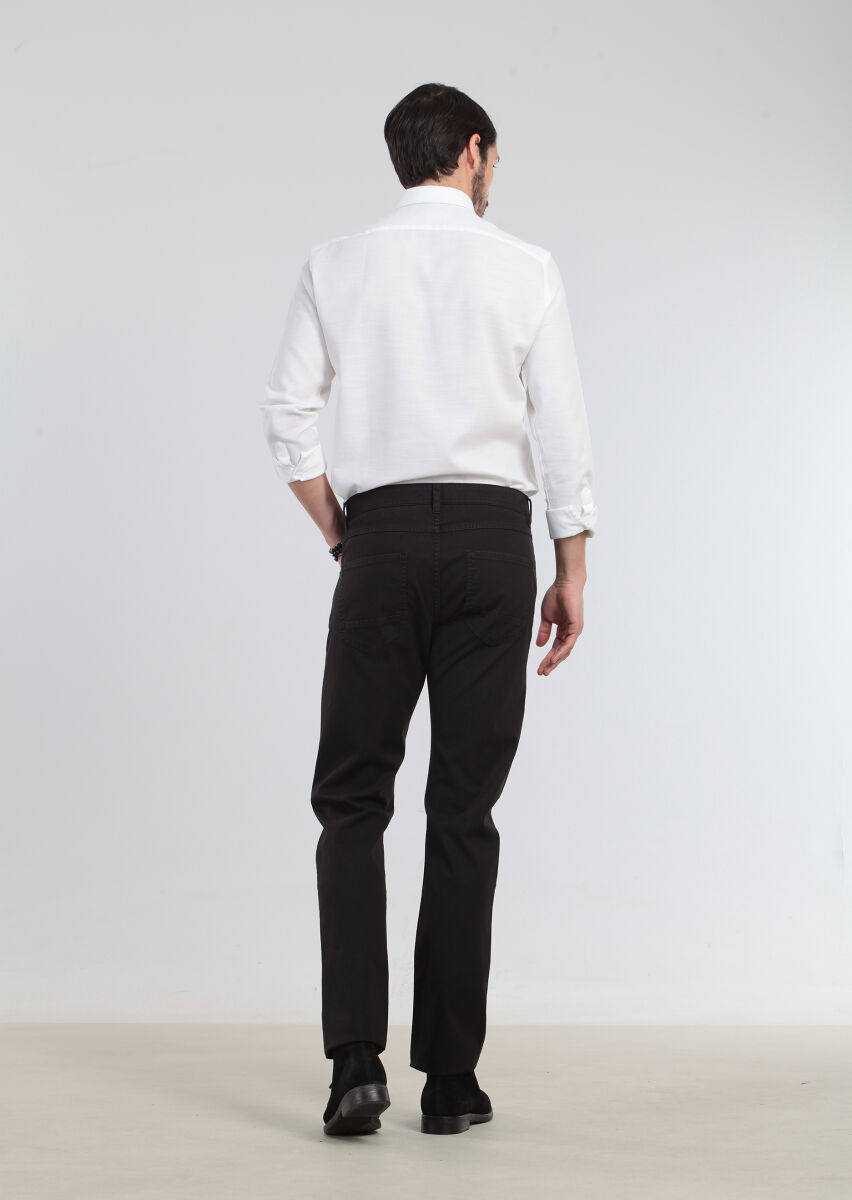 Siyah Düz Dokuma Slim Fit Casual Pamuk Karışımlı Pantolon - 5