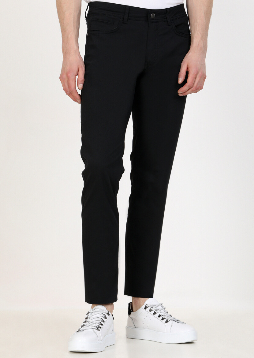 Siyah Düz Dokuma Slim Fit Casual Pamuk Karışımlı Pantolon 