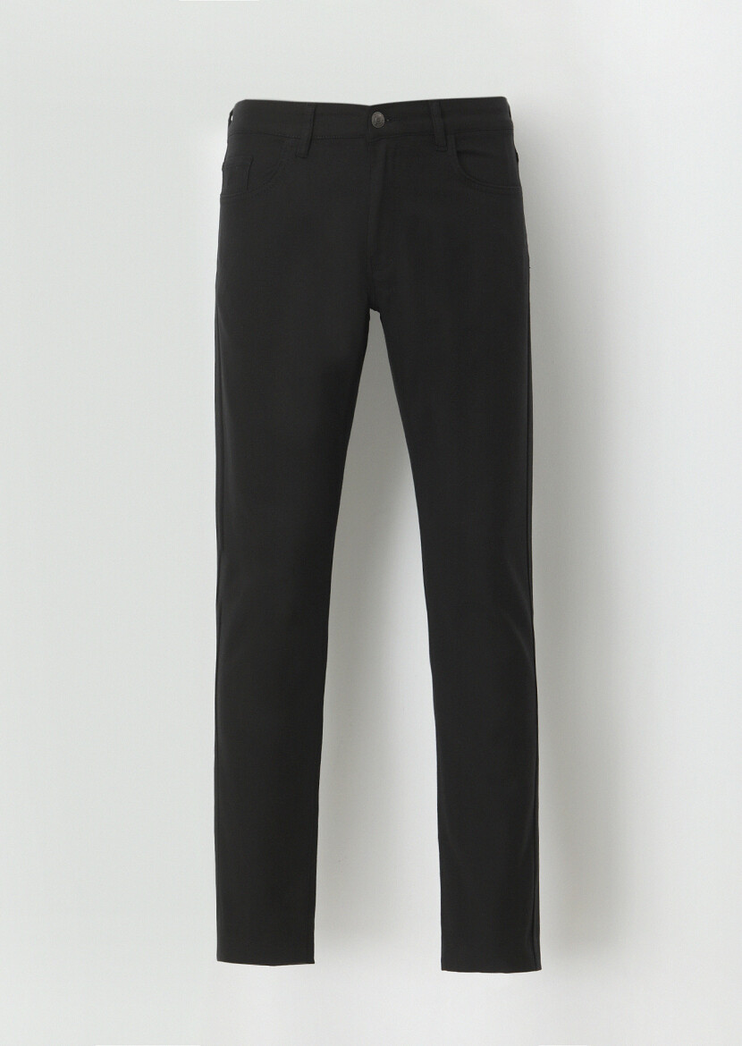 Siyah Düz Dokuma Slim Fit Casual Pamuk Karışımlı Pantolon - 5