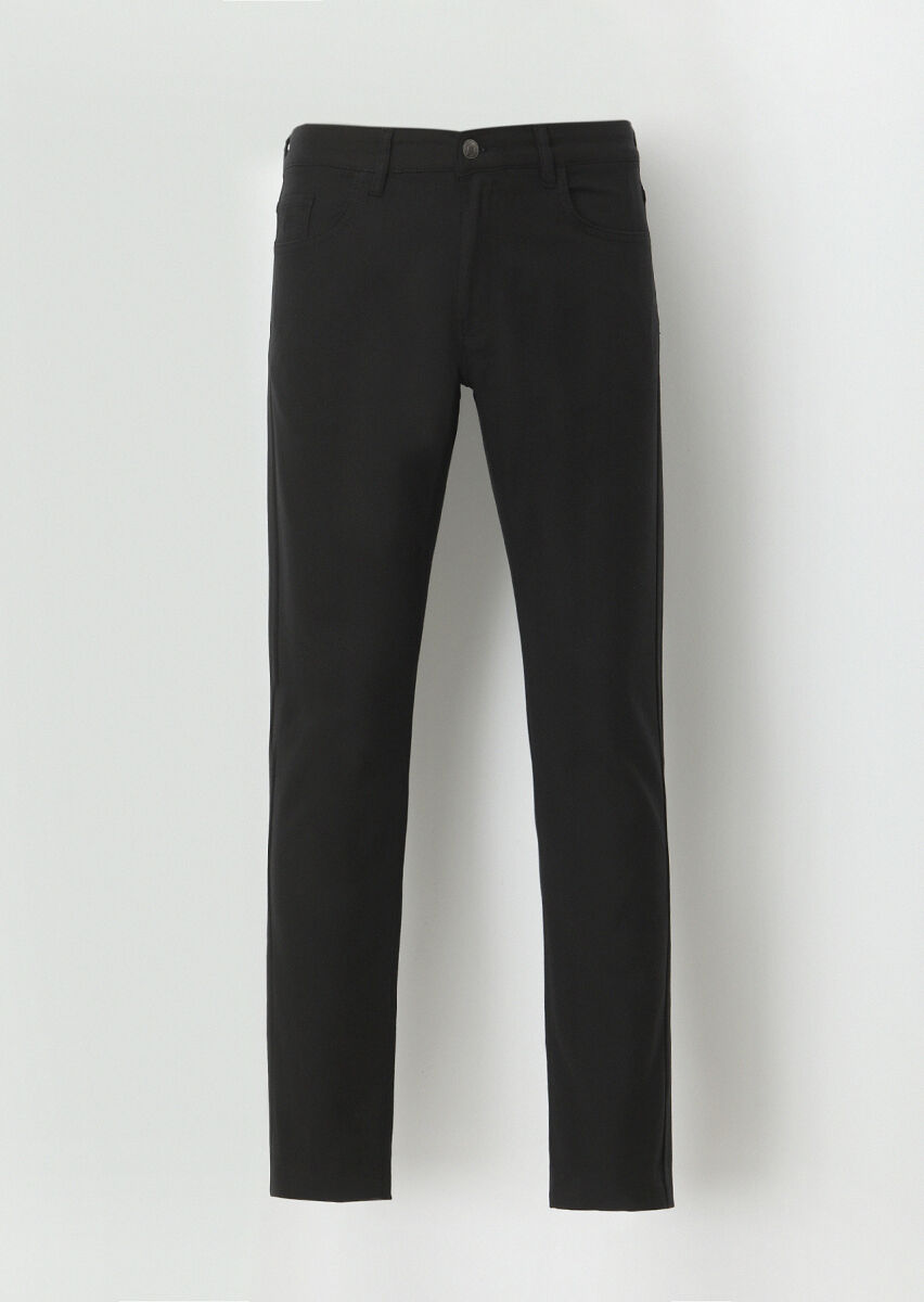 Siyah Düz Dokuma Slim Fit Casual Pamuk Karışımlı Pantolon - 5