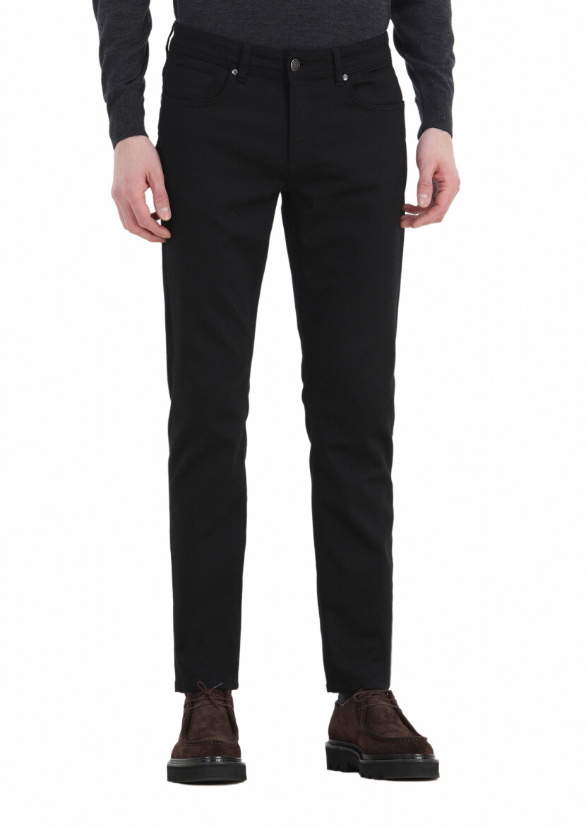 Siyah Düz Dokuma Slim Fit Casual Pamuk Karışımlı Pantolon 