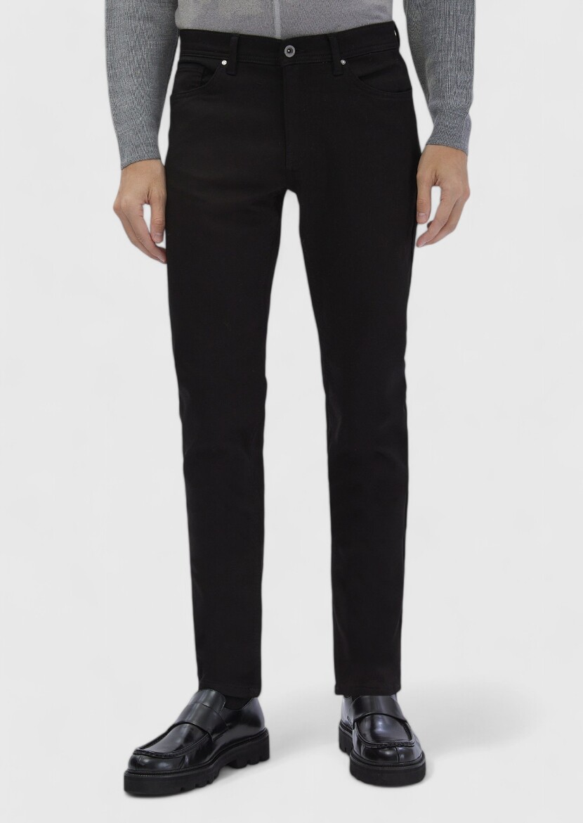 Siyah Düz Dokuma Slim Fit Casual Pamuk Karışımlı Pantolon 
