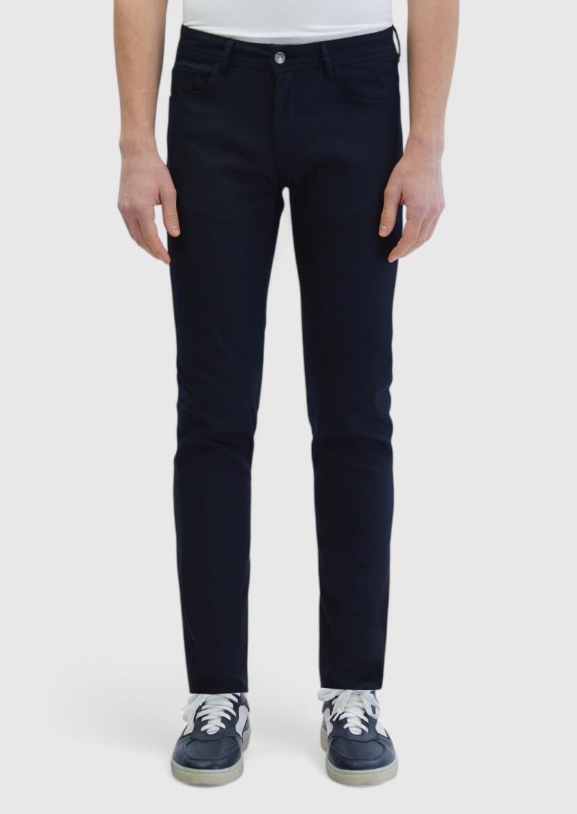 Siyah Düz Dokuma Slim Fit Casual Pamuk Karışımlı Pantolon - 2