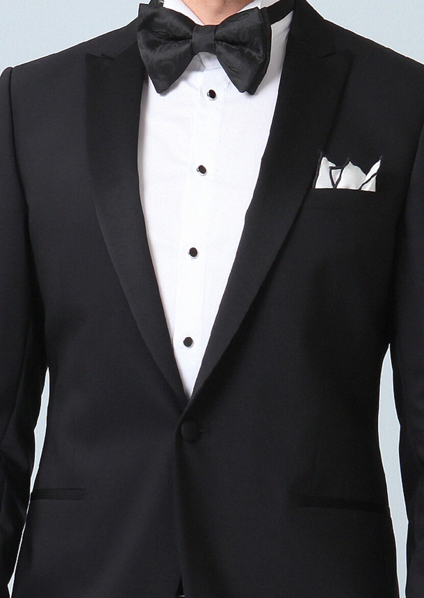 Siyah Düz Fashion Slim Fit Kruvaze Yaka Dokuma Smokin Takım Elbise - 2