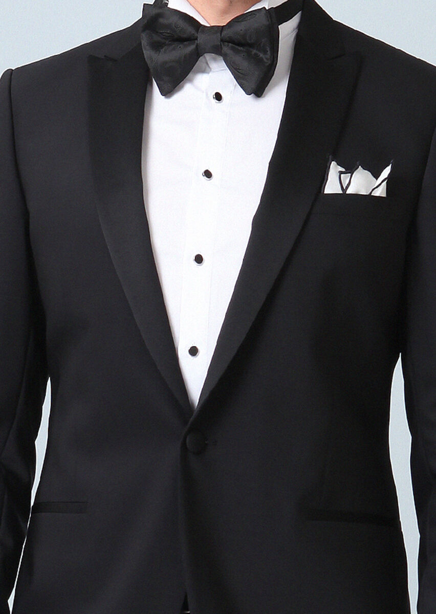 Siyah Düz Fashion Slim Fit Kruvaze Yaka Dokuma Smokin Takım Elbise - 2