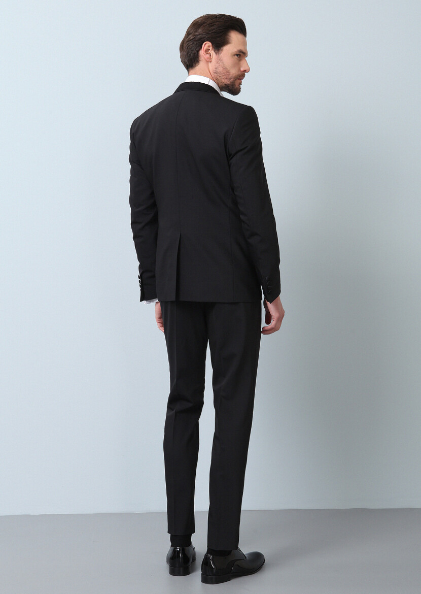 Siyah Düz Fashion Slim Fit Kruvaze Yaka Dokuma Smokin Takım Elbise - 6