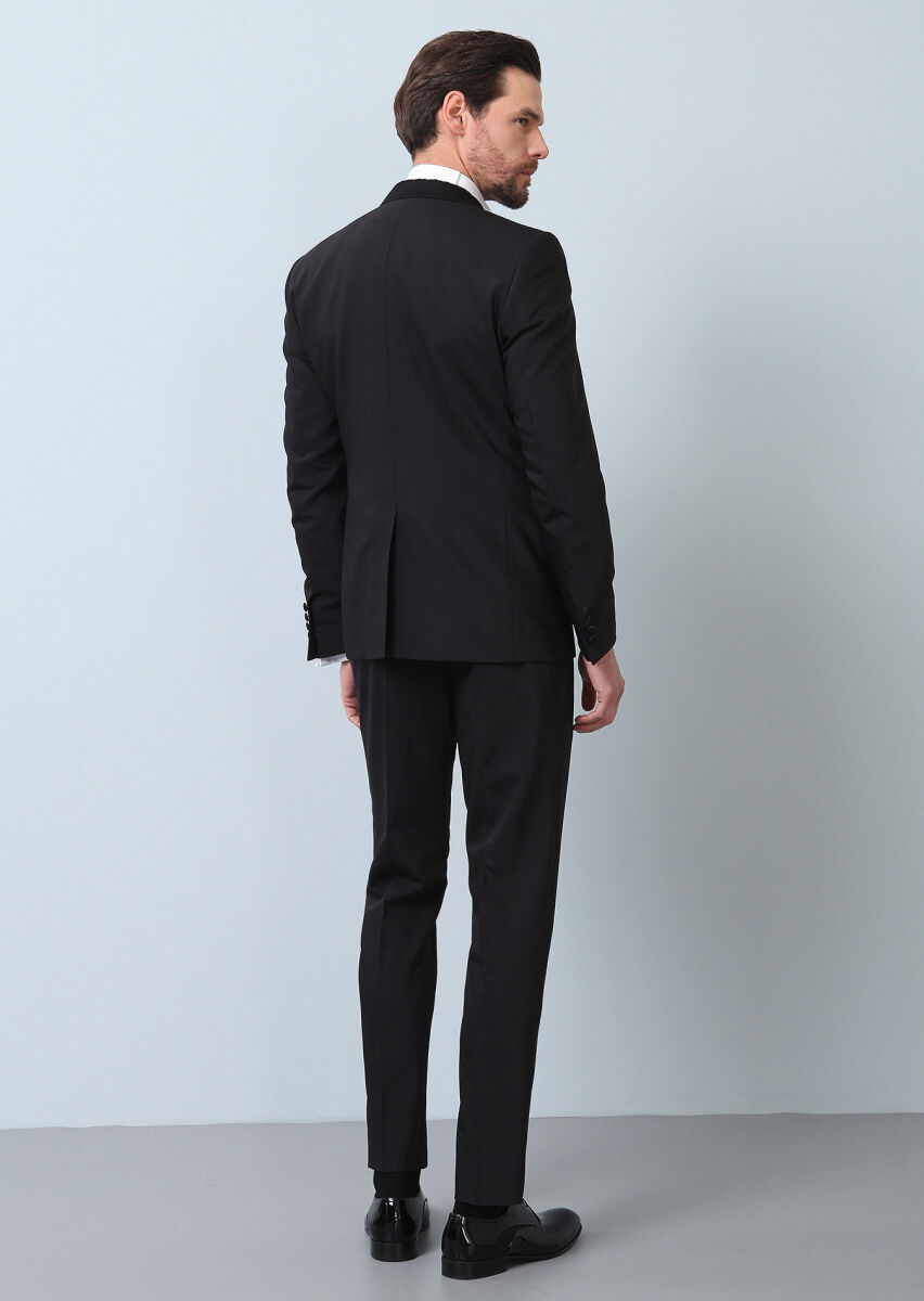 Siyah Düz Fashion Slim Fit Kruvaze Yaka Dokuma Smokin Takım Elbise - 6