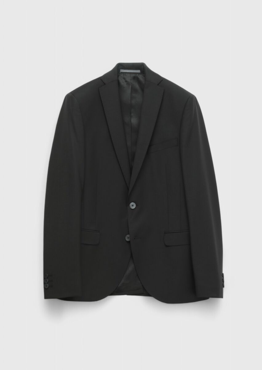 Siyah Düz Fashion Slim Fit Yün Karışımlı Takım Elbise - 6