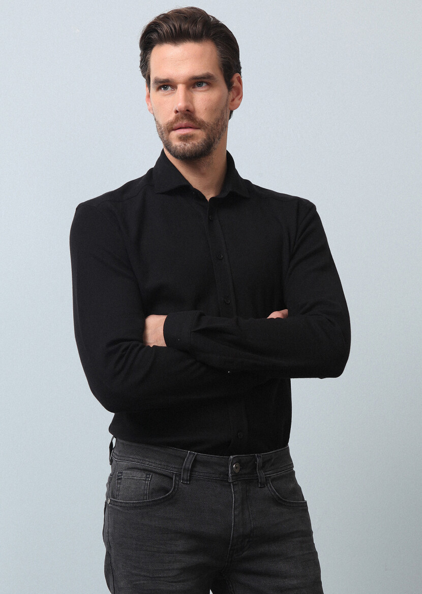 Siyah Düz Fitted Fit Casual %100 Pamuk Gömlek 