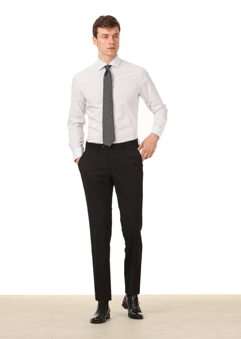 Siyah Düz Kumaş Modern Fit Klasik %100 Yün Pantolon 