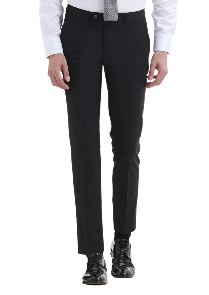 Siyah Düz Kumaş Modern Fit Klasik %100 Yün Pantolon 