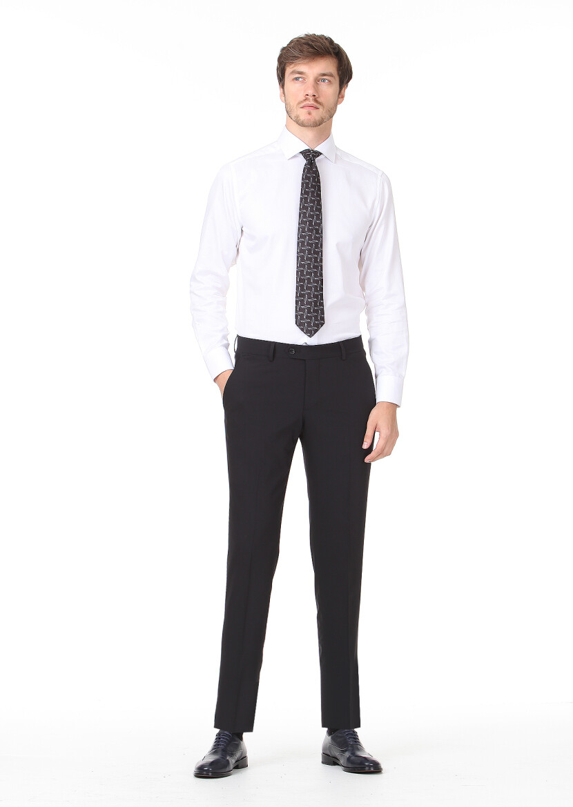 Siyah Düz Kumaş Modern Fit Klasik Yün Karışımlı Pantolon 