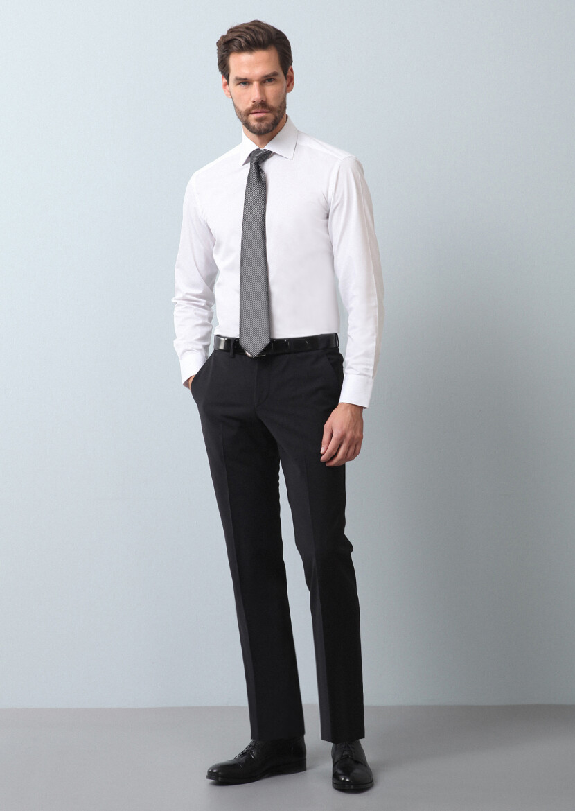 Siyah Düz Kumaş Modern Fit Klasik Yün Karışımlı Pantolon 