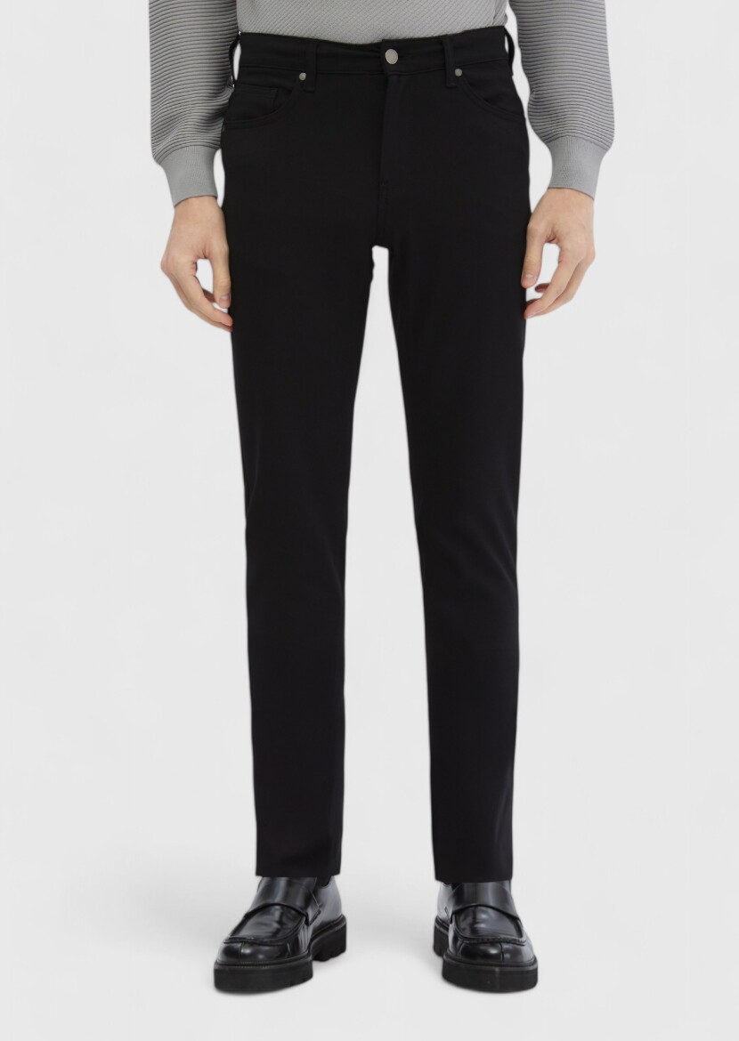 Siyah Düz Örme Slim Fit Casual Pantolon 