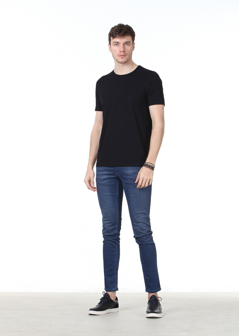 Siyah Düz Pamuk Karışımlı T-Shirt 