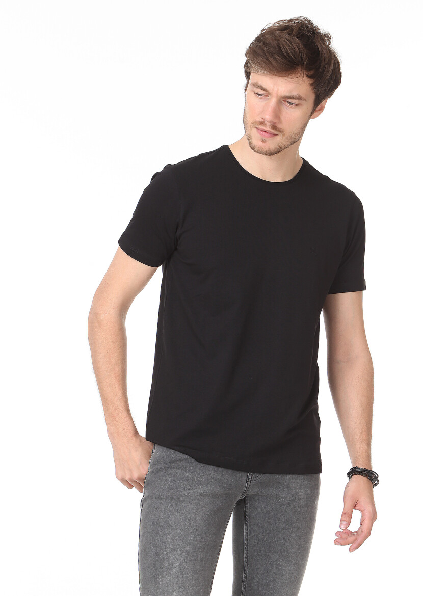 Siyah Düz Pamuk Karışımlı T-Shirt - 1