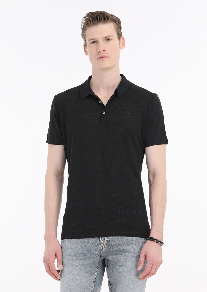 Siyah Düz Polo Yaka %100 Keten T-Shirt 