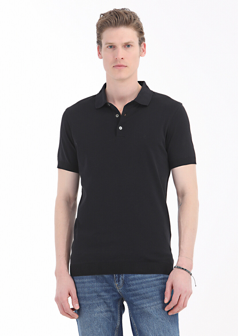 Siyah Düz Polo Yaka %100 Pamuk T-Shirt 