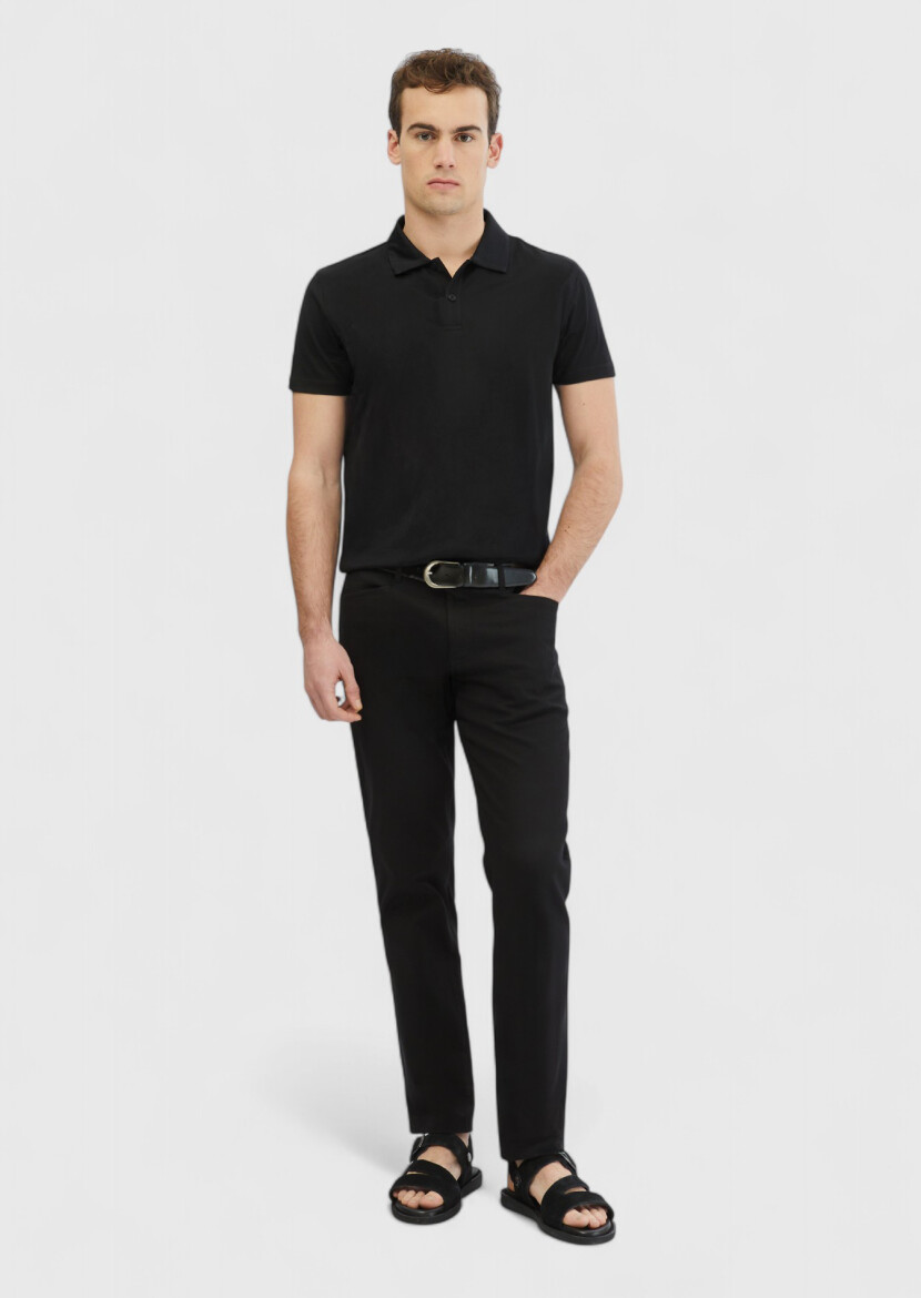 Siyah Düz Polo Yaka %100 Pamuk T-Shirt 