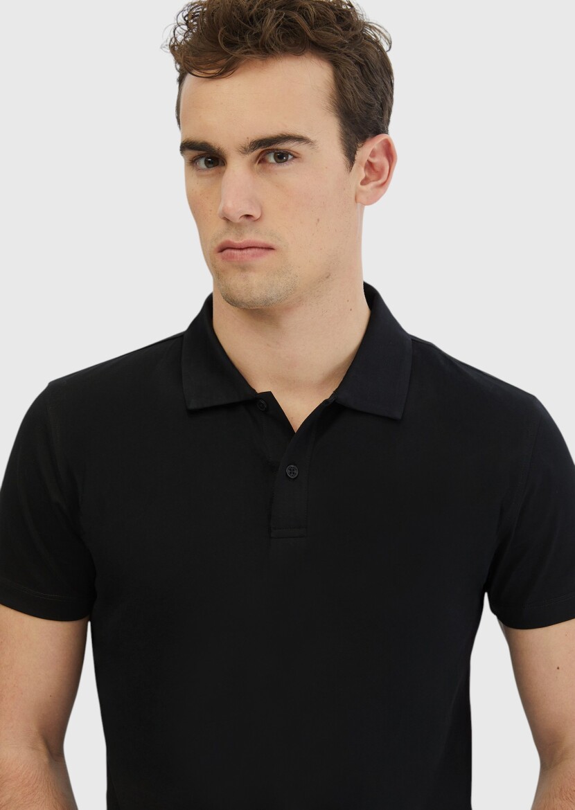 Siyah Düz Polo Yaka %100 Pamuk T-Shirt - 3