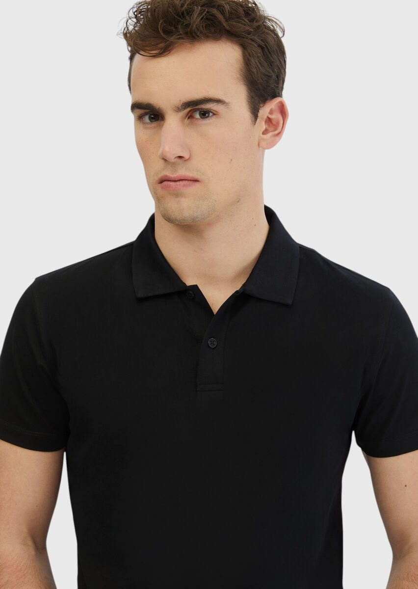 Siyah Düz Polo Yaka %100 Pamuk T-Shirt - 3