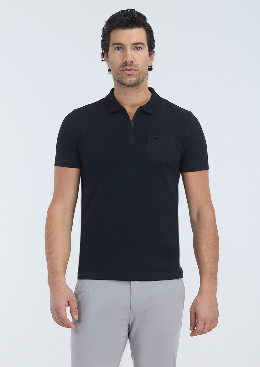 Siyah Düz Polo Yaka Pamuk Karışımlı T-Shirt 