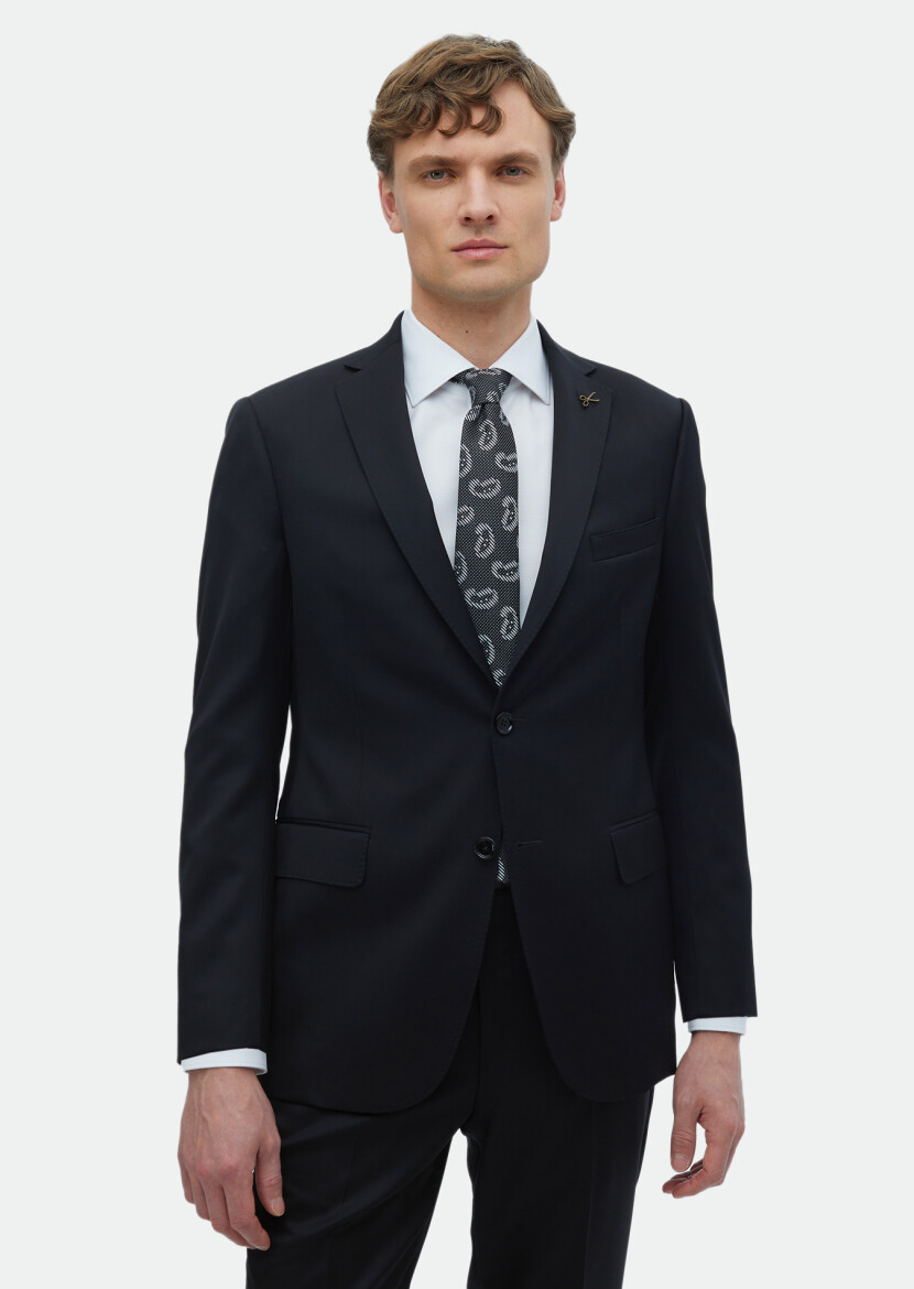 Siyah Düz Regular Fit %100 Yün Takım Elbise - 1