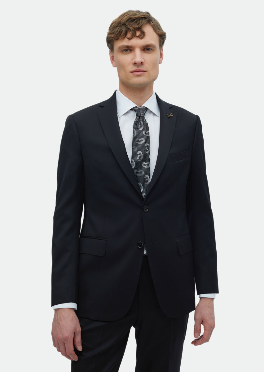 Siyah Düz Regular Fit %100 Yün Takım Elbise - 1
