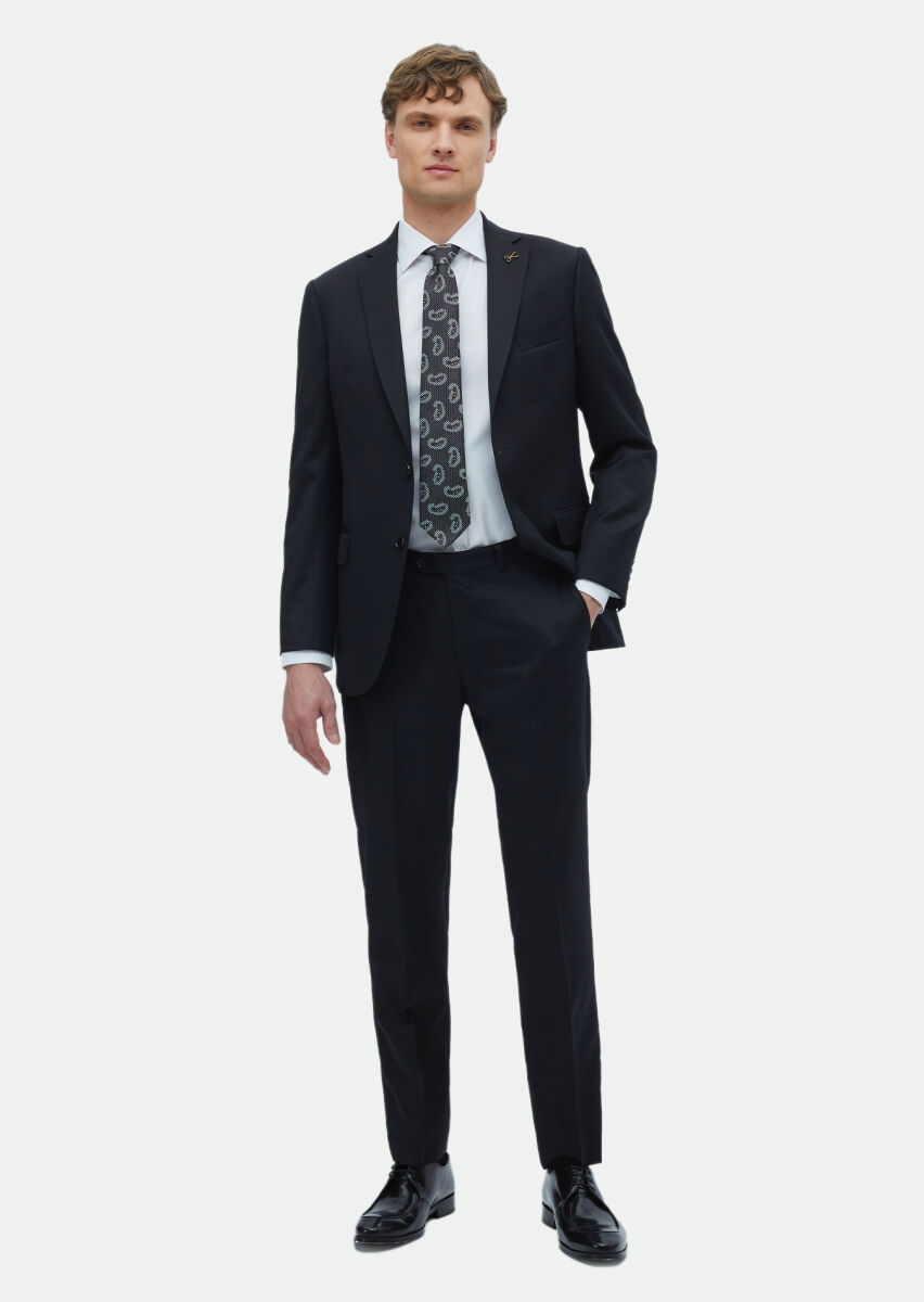 Siyah Düz Regular Fit %100 Yün Takım Elbise - 2