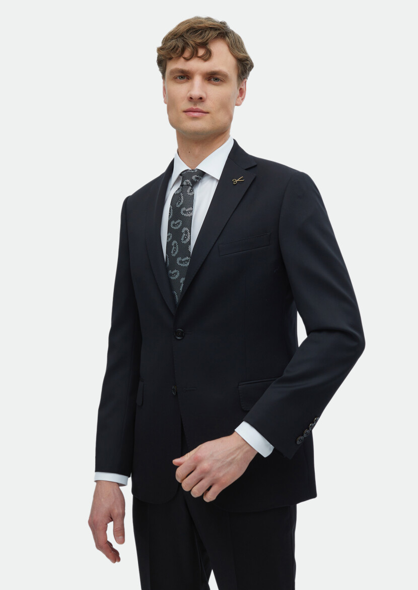 Siyah Düz Regular Fit %100 Yün Takım Elbise - 3
