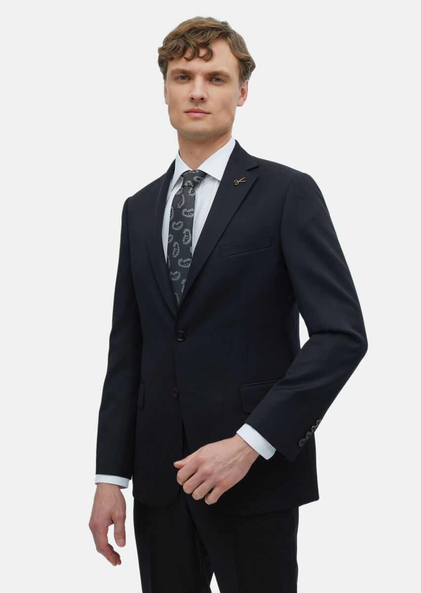 Siyah Düz Regular Fit %100 Yün Takım Elbise - 3