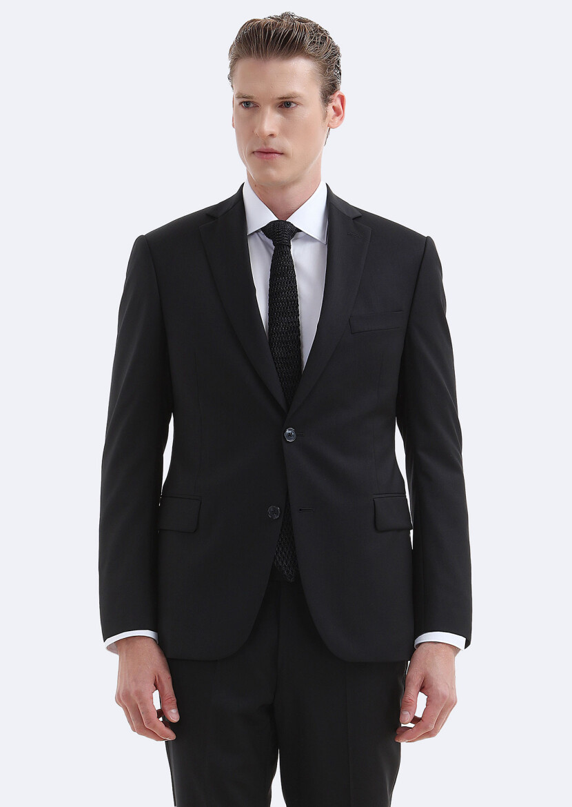 Siyah Düz Regular Fit %100 Yün Takım Elbise - 2