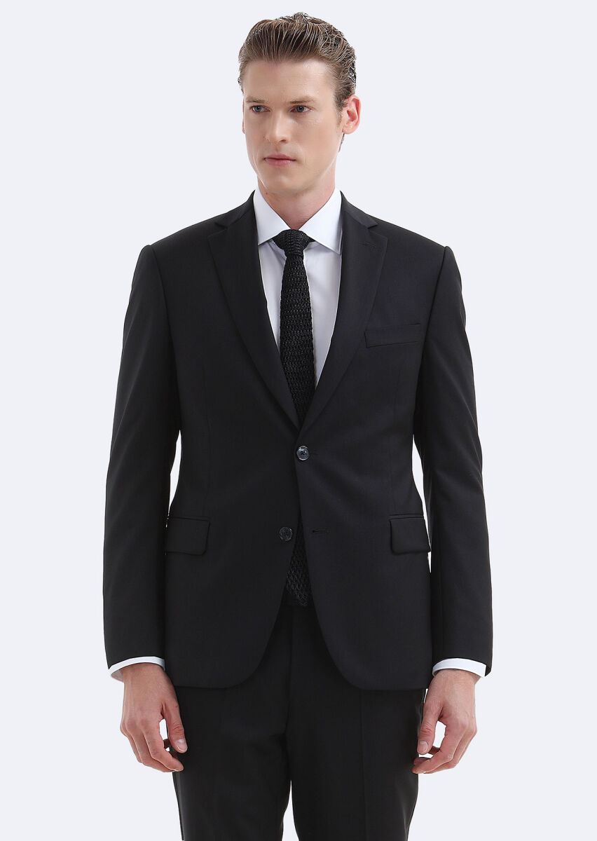 Siyah Düz Regular Fit %100 Yün Takım Elbise - 2