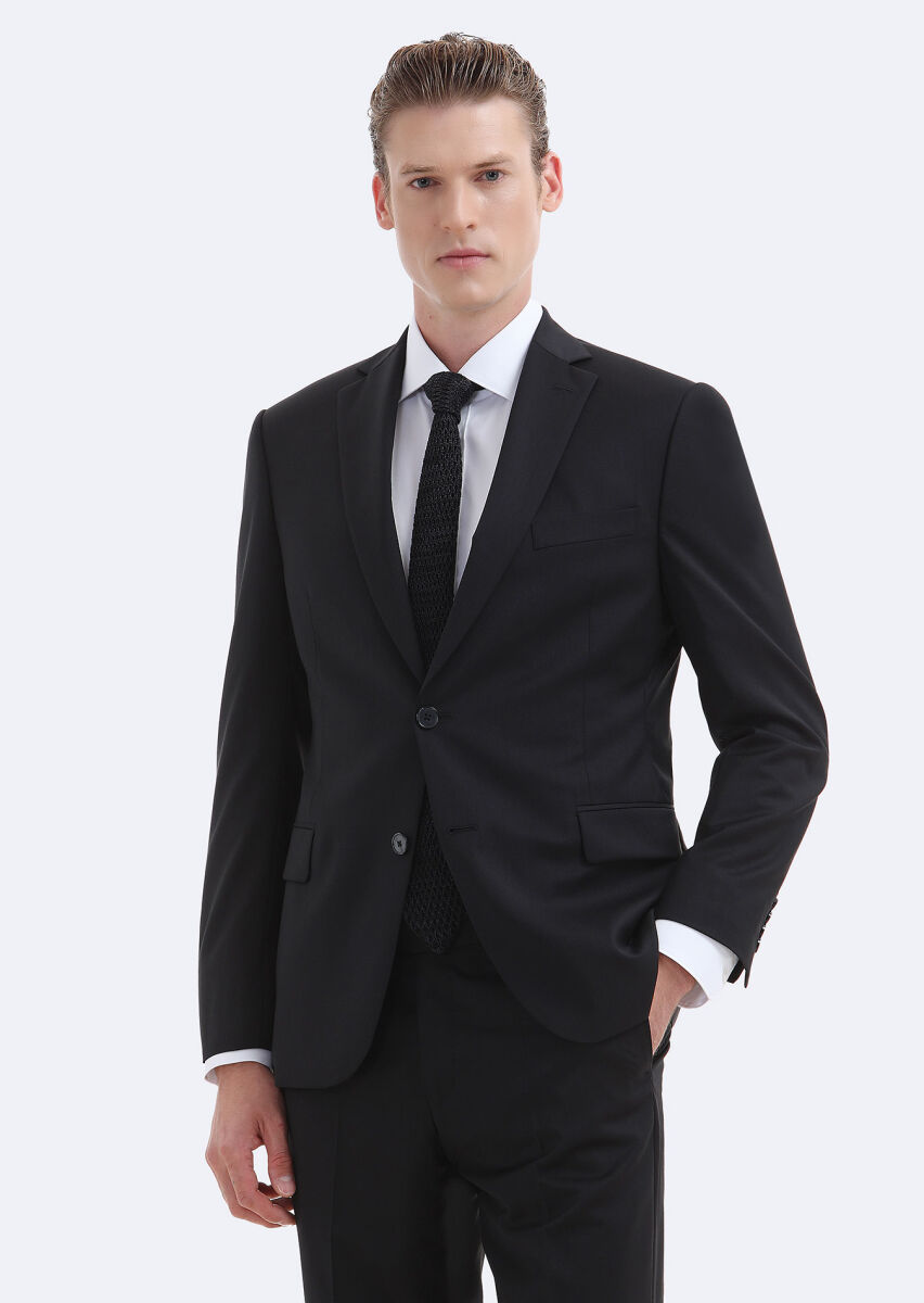 Siyah Düz Regular Fit %100 Yün Takım Elbise - 3