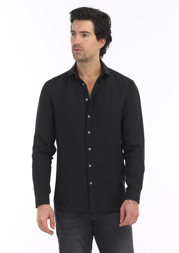 Siyah Düz Regular Fit Dokuma Casual %100 Keten Gömlek 