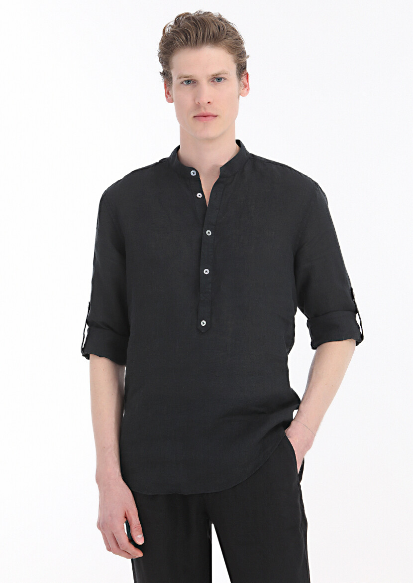 Siyah Düz Regular Fit Dokuma Casual %100 Keten Gömlek 