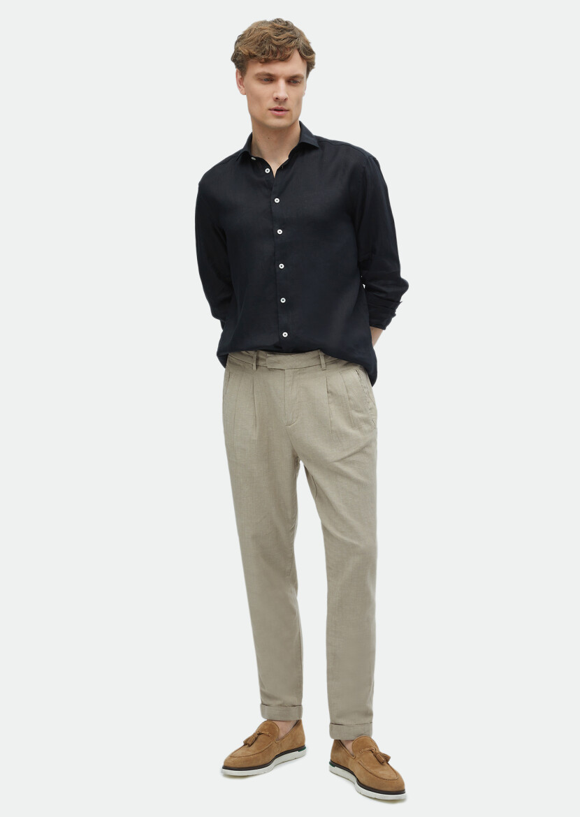 Siyah Düz Regular Fit Dokuma Casual %100 Keten Gömlek 
