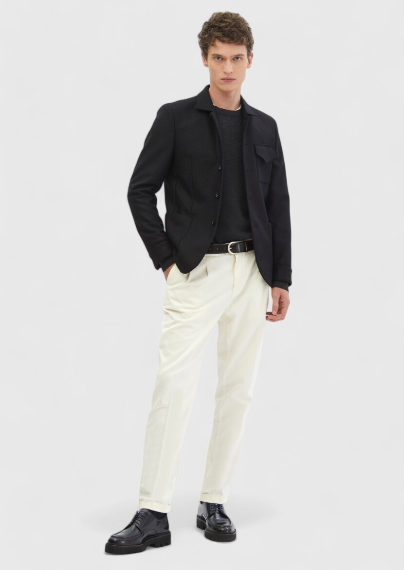 Siyah Düz Shirt Shoulder Slim Fit %100 Yün Örme Ceket - RAMSEY