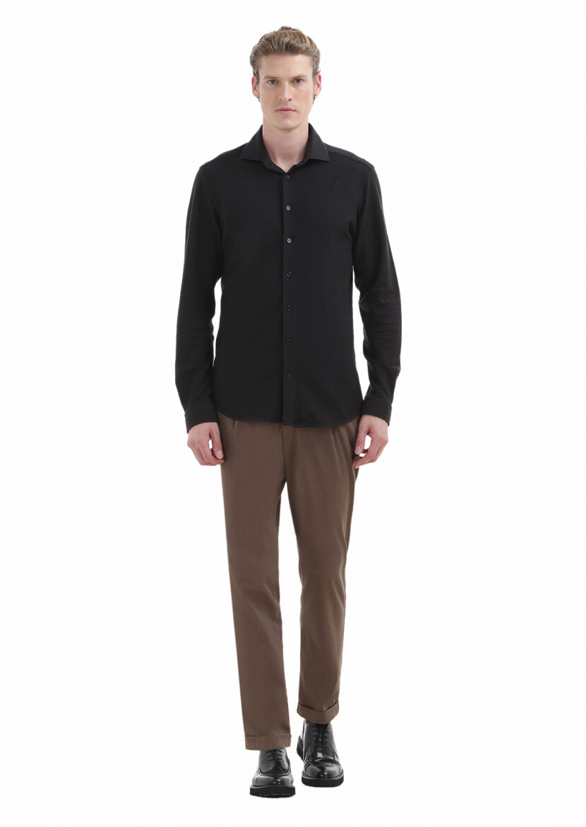 Siyah Düz Slim Fit Casual %100 Pamuk Gömlek 