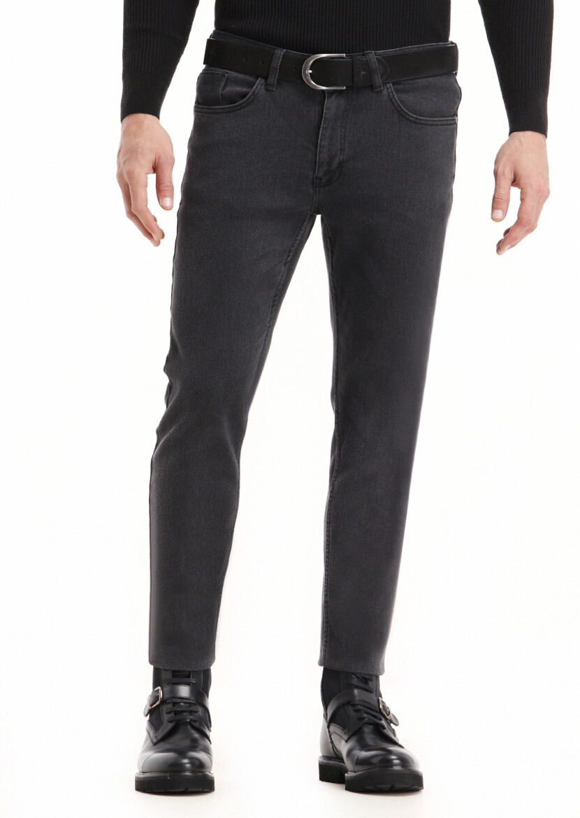 Siyah Düz Slim Fit Denim Pamuk Karışımlı Pantolon 