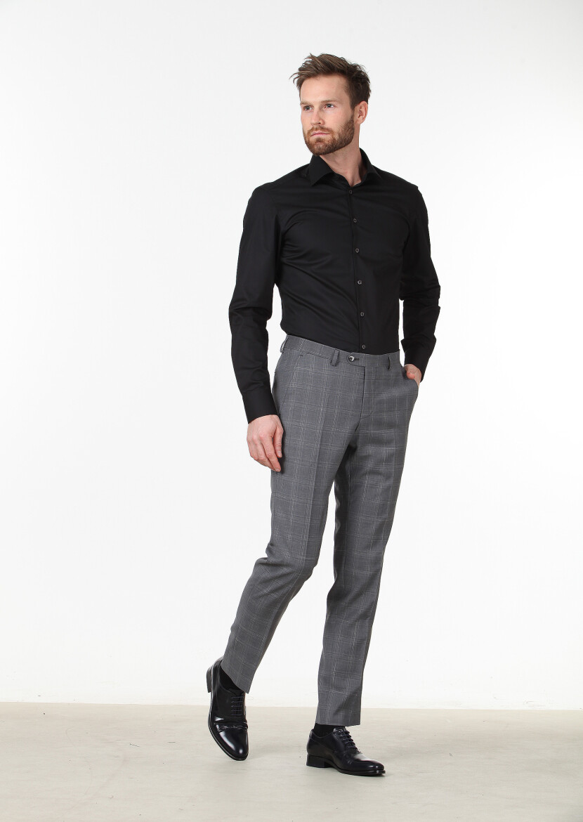 Siyah Düz Slim Fit Dokuma Klasik Pamuk Karışımlı Gömlek 