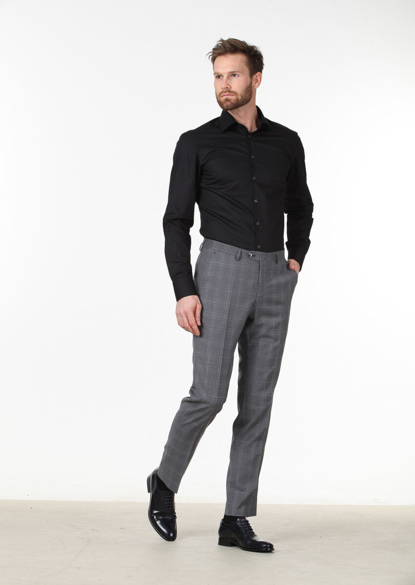 Siyah Düz Slim Fit Dokuma Klasik Pamuk Karışımlı Gömlek - 2
