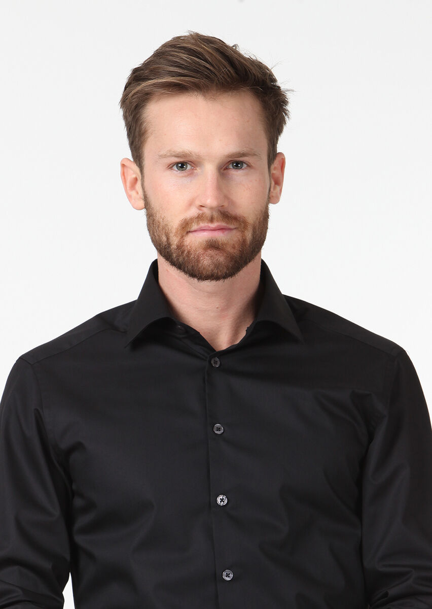Siyah Düz Slim Fit Dokuma Klasik Pamuk Karışımlı Gömlek - 3