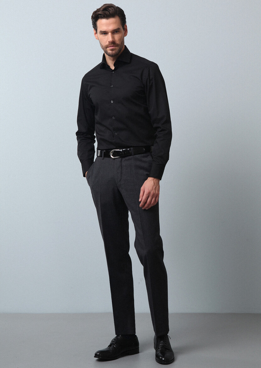 Siyah Düz Slim Fit Dokuma Klasik Pamuk Karışımlı Gömlek 