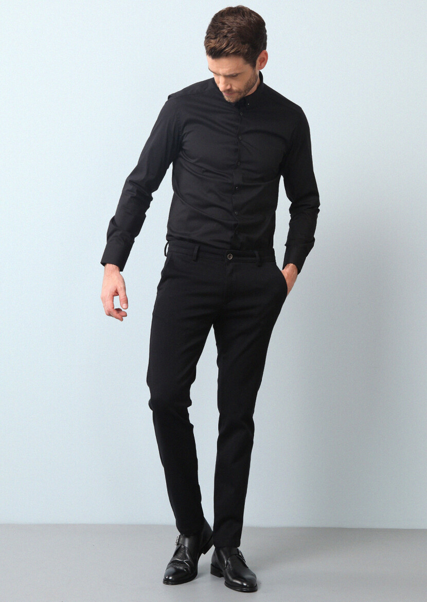 Siyah Düz Slim Fit Dokuma Klasik Pamuk Karışımlı Gömlek - 1