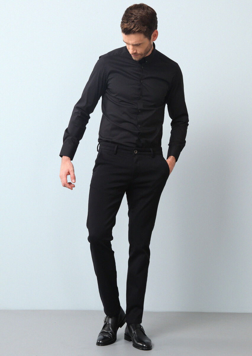 Siyah Düz Slim Fit Dokuma Klasik Pamuk Karışımlı Gömlek - 1